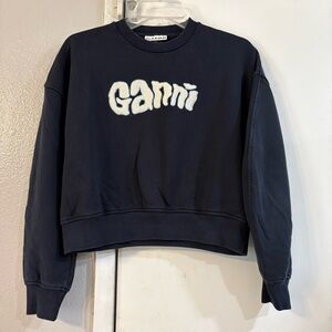 Ganni Isoli Logo Crew Neck Sweater Embroidered Cropped Boxy Navy Blue S